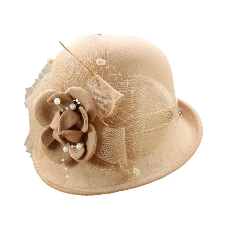 Autumn and Winter New Half Roll Small Hat for Women, Elegant Pearl Flower Basin Hat, Outdoor Versatile Woolen Fisherman Hat
