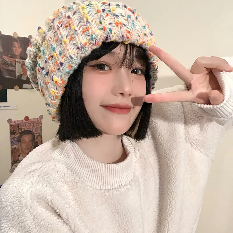Coarse Knitted Woolen Hat for Women, Warm and Loose in Autumn and Winter, Versatile and Pile Up Hat