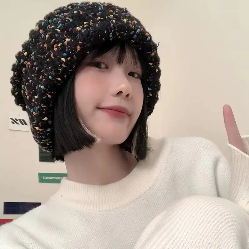 Coarse Knitted Woolen Hat for Women, Warm and Loose in Autumn and Winter, Versatile and Pile Up Hat