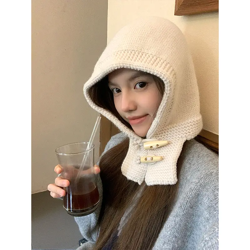 Korean New Fried Dough Twists Cow Horn Buckle Balaclava Hat Women's Winter Versatile Scarf Knitted Hat Ear Protection