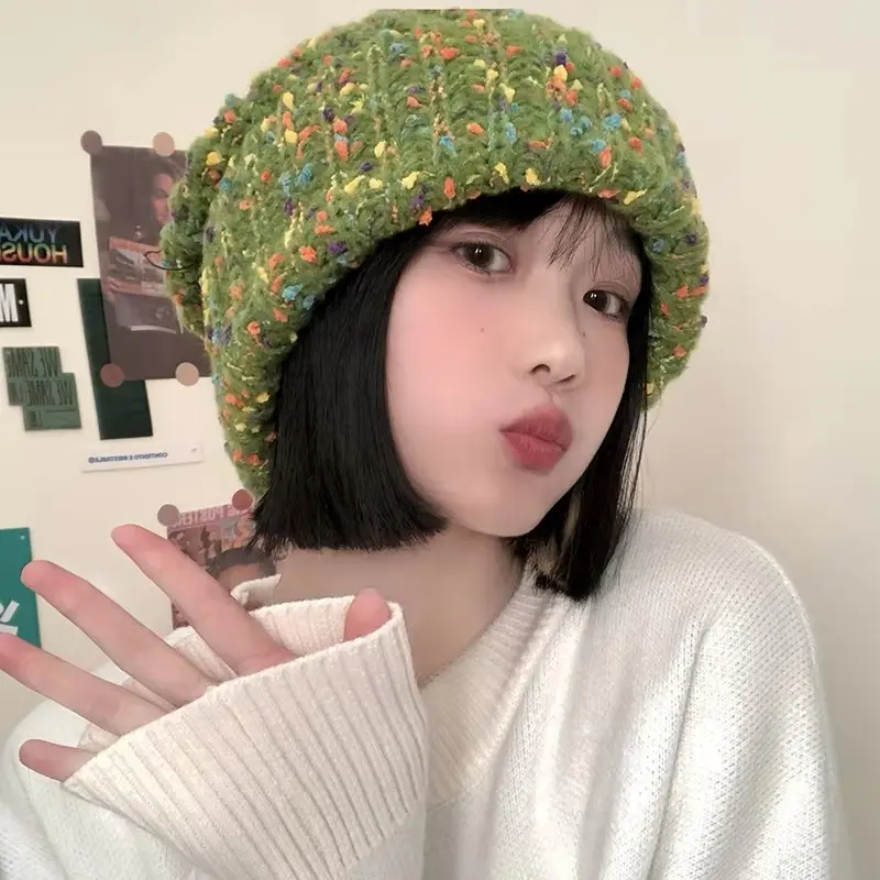Coarse Knitted Woolen Hat for Women, Warm and Loose in Autumn and Winter, Versatile and Pile Up Hat
