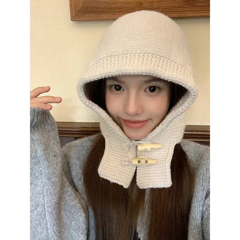 Korean New Fried Dough Twists Cow Horn Buckle Balaclava Hat Women's Winter Versatile Scarf Knitted Hat Ear Protection