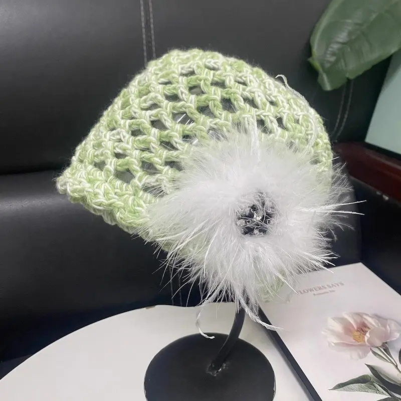 Elegant Feather Flower Knitted Hat for Women's Spring and Autumn New Style Handmade Hook Weaving Hollow Head Cap