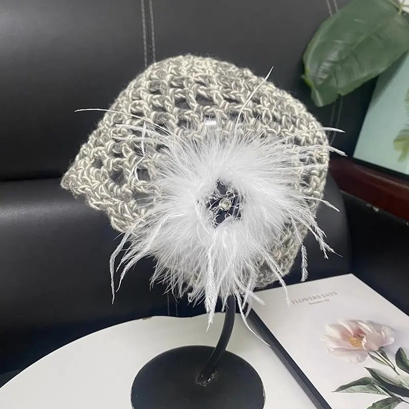 Elegant Feather Flower Knitted Hat for Women's Spring and Autumn New Style Handmade Hook Weaving Hollow Head Cap