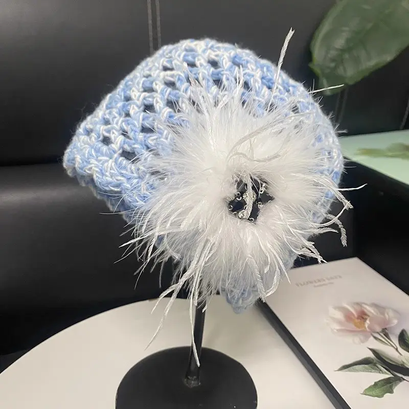 Elegant Feather Flower Knitted Hat for Women's Spring and Autumn New Style Handmade Hook Weaving Hollow Head Cap