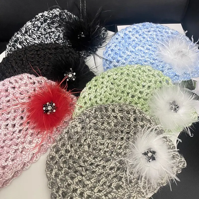 Elegant Feather Flower Knitted Hat for Women's Spring and Autumn New Style Handmade Hook Weaving Hollow Head Cap