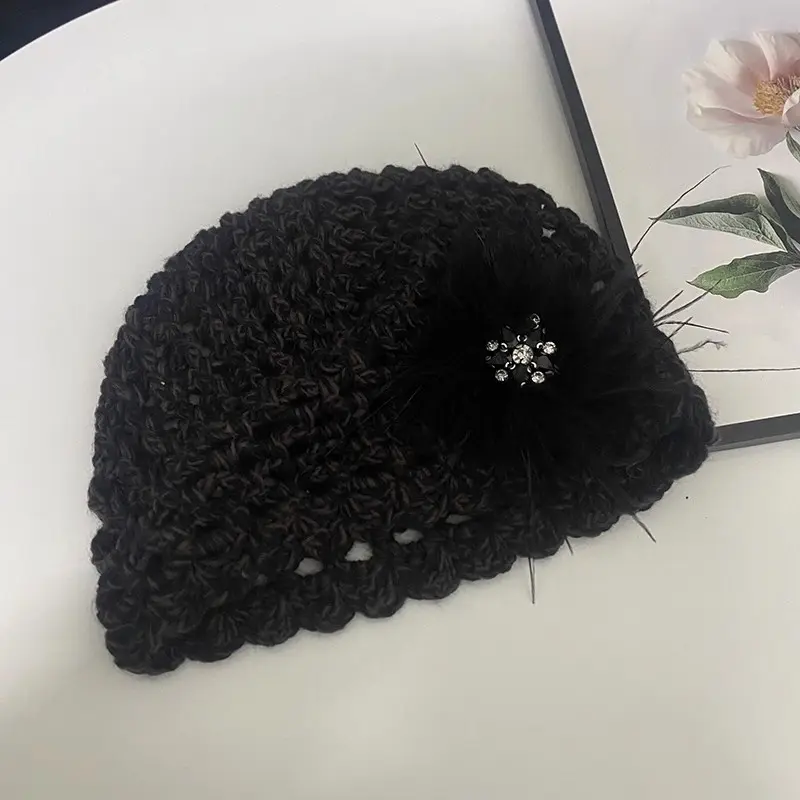 Elegant Feather Flower Knitted Hat for Women's Spring and Autumn New Style Handmade Hook Weaving Hollow Head Cap