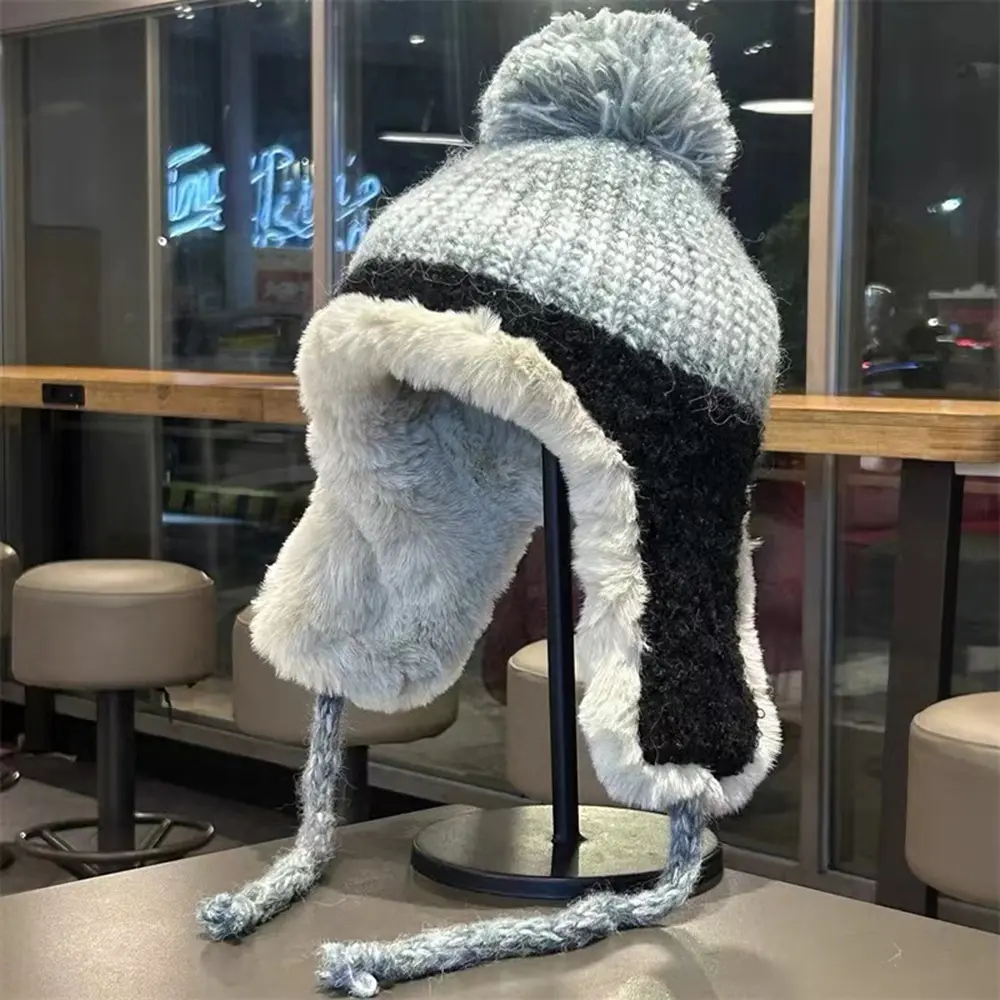 Colorful Wool Ball Knitted Ear Protection Hat with Thick Velvet for Winter Warmth and Fashion, Lei Feng Versatile Woolen Hat