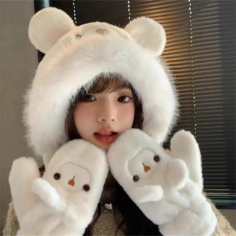 New Women's Autumn/Winter Plush Bear One Piece Hat Warm Plush Big Head Cover Head Hat Gloves Thickened Ear Protection