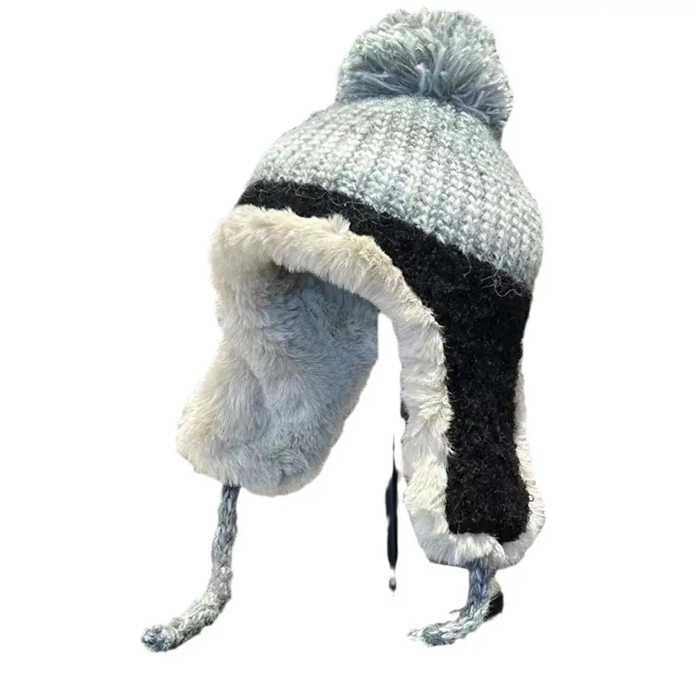 Colorful Wool Ball Knitted Ear Protection Hat with Thick Velvet for Winter Warmth and Fashion, Lei Feng Versatile Woolen Hat