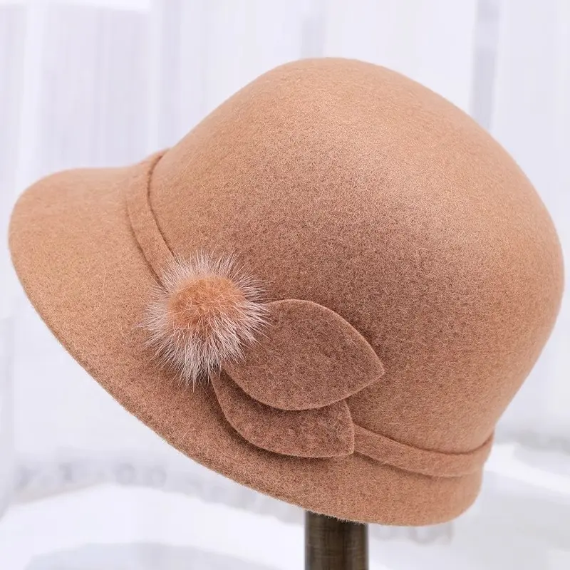 Fisherman's Hat Children Autumn and Winter Wool Wool Elegant Flower Warm Basin Hat Casual Versatile Retro Top Hat