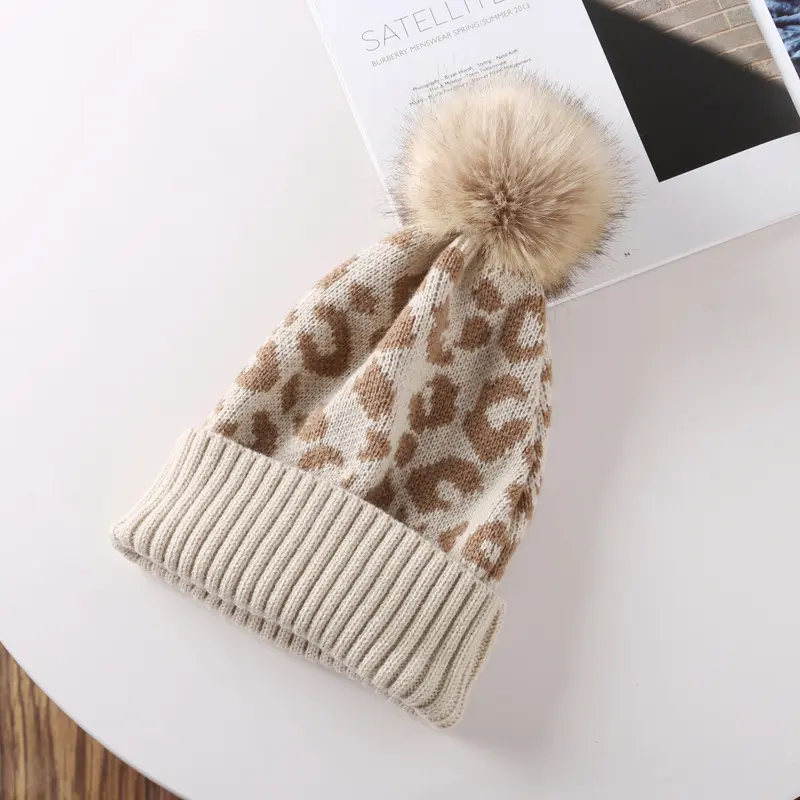 Leopard Knitted Hats For Men Women Autumn Winter Beanie Hats Outdoor Winter Hat Thicken Warm Caps Boy Girls Trendy Pom Pom Hat