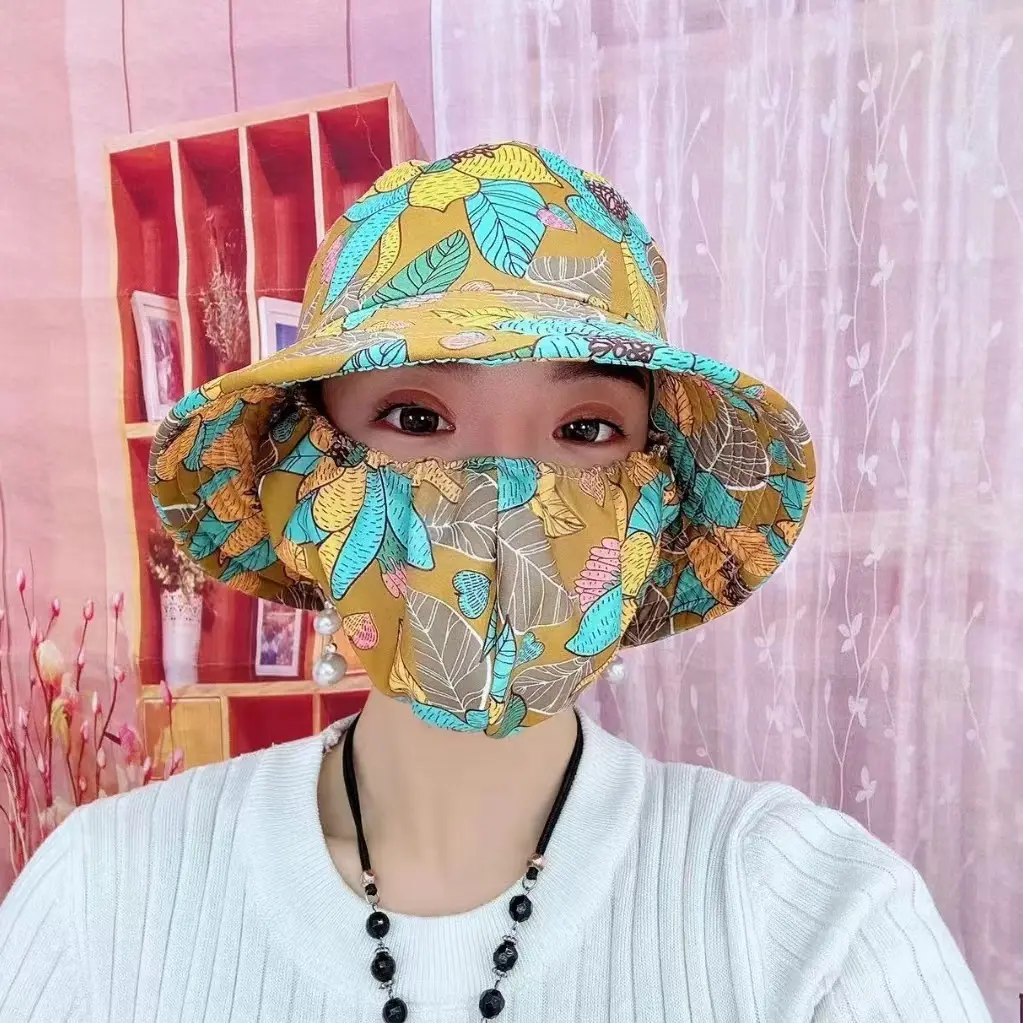 Summer floral hat, sun protection and sunshade mask, integrated sun hat, face covering and UV protection fisherman hat