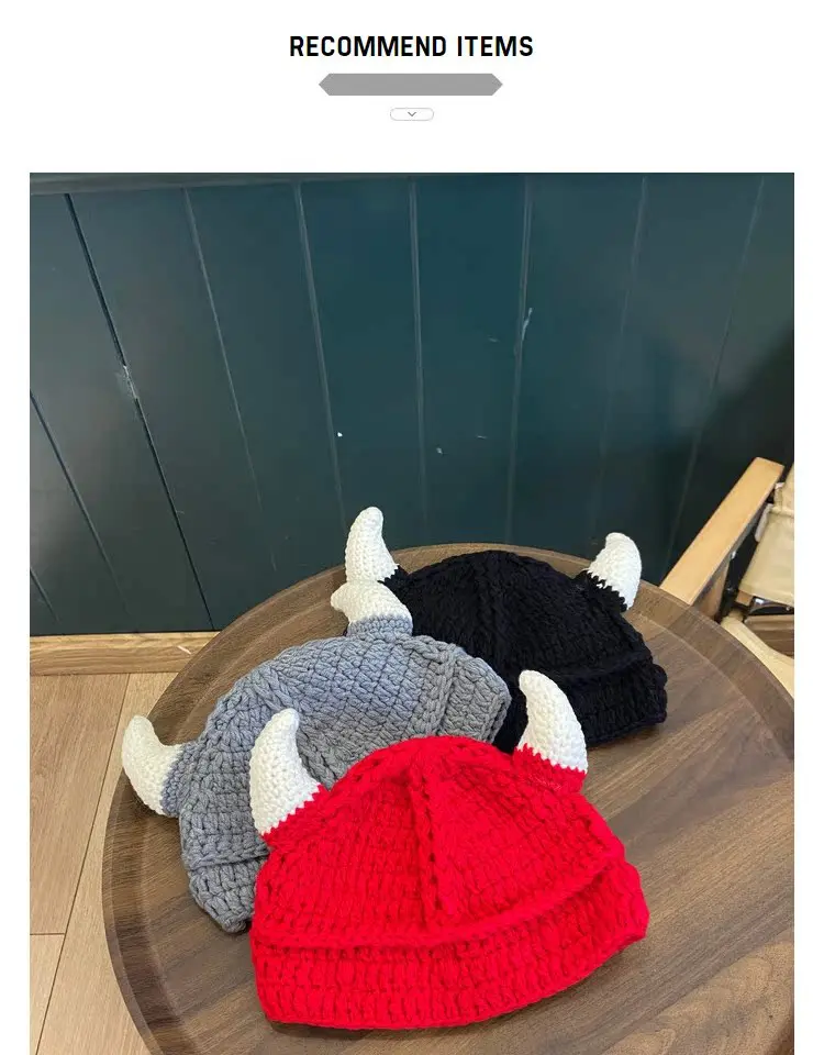 Fashionable Hand Hook Cow Horn Woolen Hat for Women, Autumn and Winter Personalized Pullover Hat, Casual Warm Hat, Street Hat