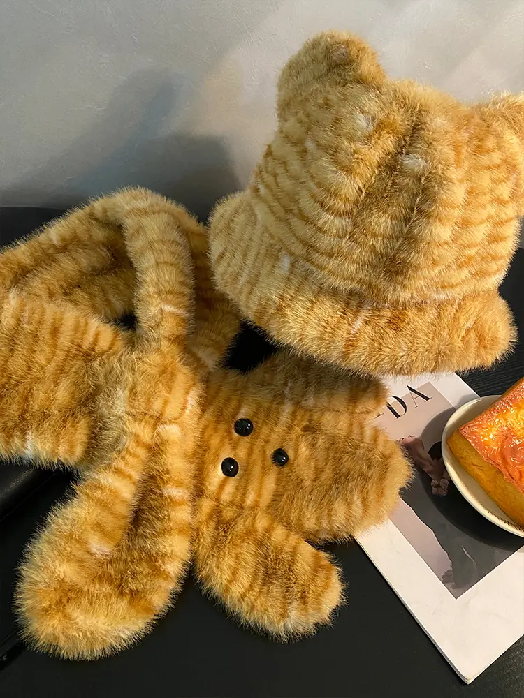 Little Tiger High end Hairy Fisherman Hat Children's Winter 2024 Leopard Pattern Scarf Thickened Warm Cute Bear Scarf