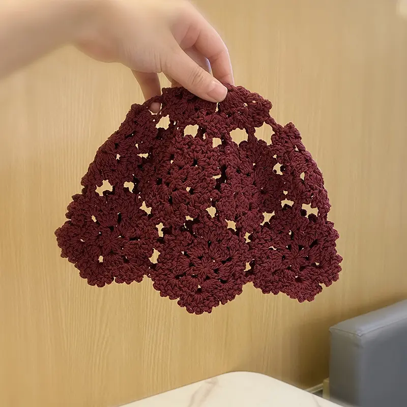 Breathable Hollowed Out Knitted Hat Flowers Lace Beret Cap Fashion Casual Skullies Hat for Women