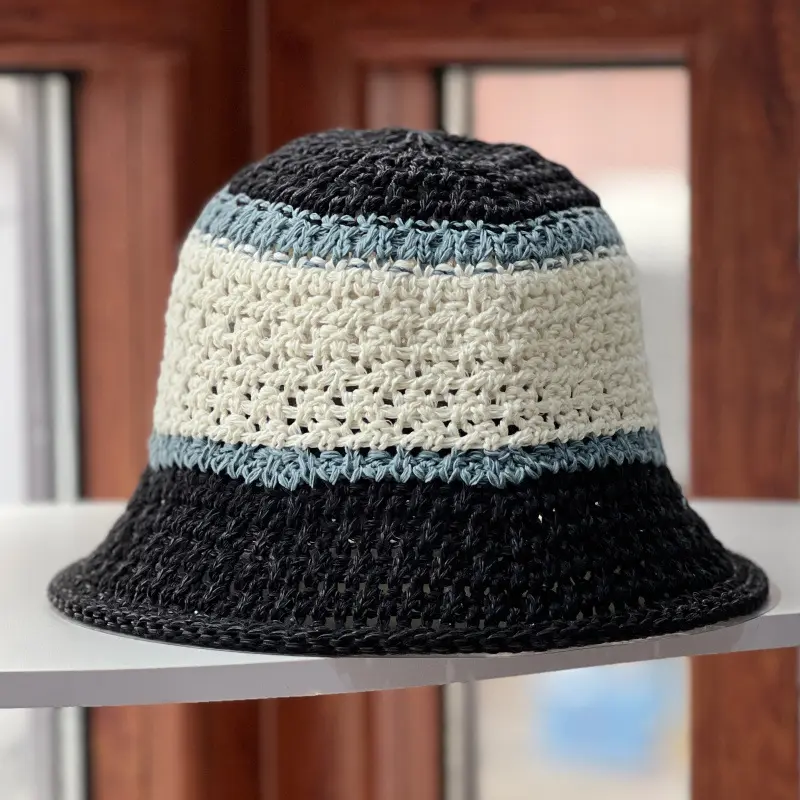 New Color Blocked Grass Woven Hollow Bucket hat For Summer Travel, Sun Protection And Sunshade Hat, Fashionable Fisherman Hat