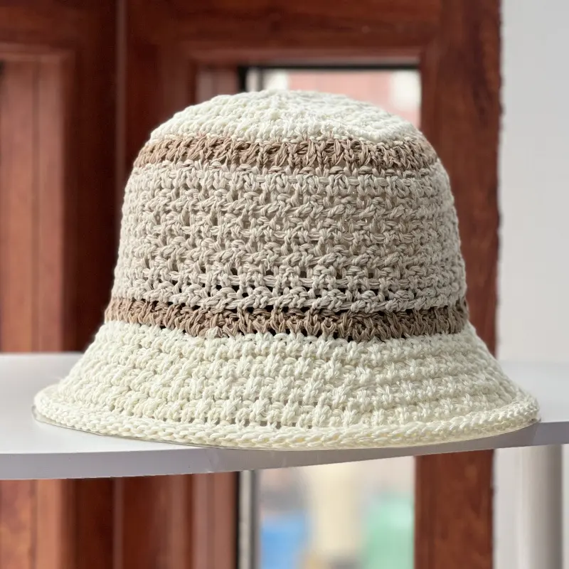 New Color Blocked Grass Woven Hollow Bucket hat For Summer Travel, Sun Protection And Sunshade Hat, Fashionable Fisherman Hat