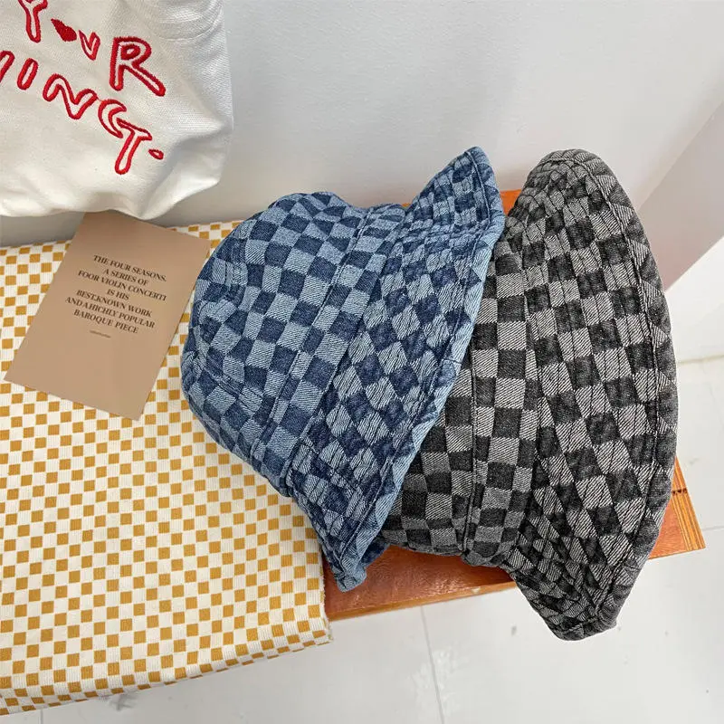 Wasbare Schaakbord Plaid Denim Platte Top Opvouwbare Zachte Rand Visser Hoed Vrouwen Lente En Zomer Leisure Retro Bassin Hoed