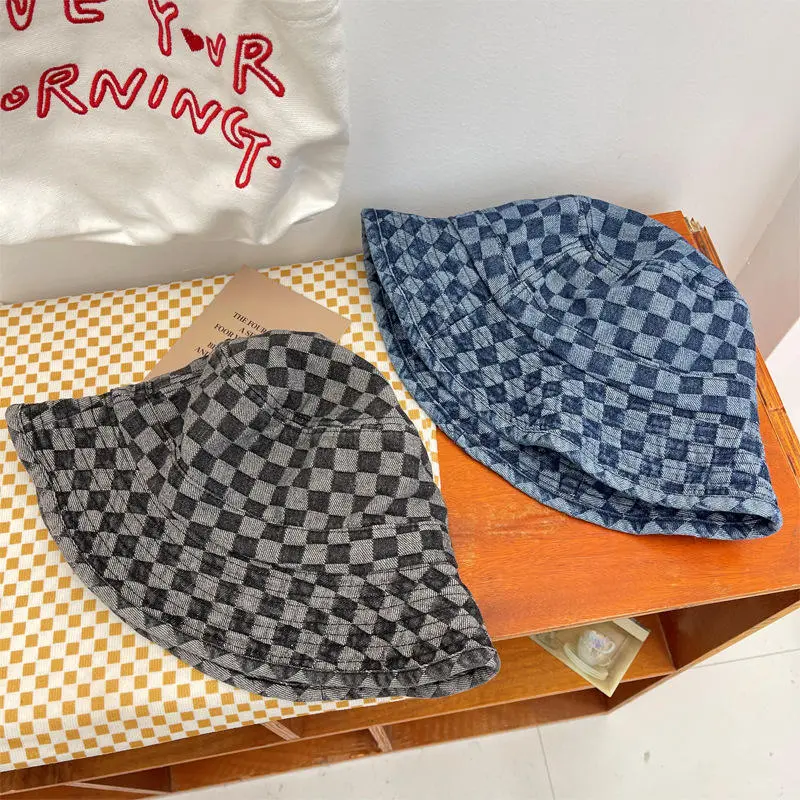 Wasbare Schaakbord Plaid Denim Platte Top Opvouwbare Zachte Rand Visser Hoed Vrouwen Lente En Zomer Leisure Retro Bassin Hoed