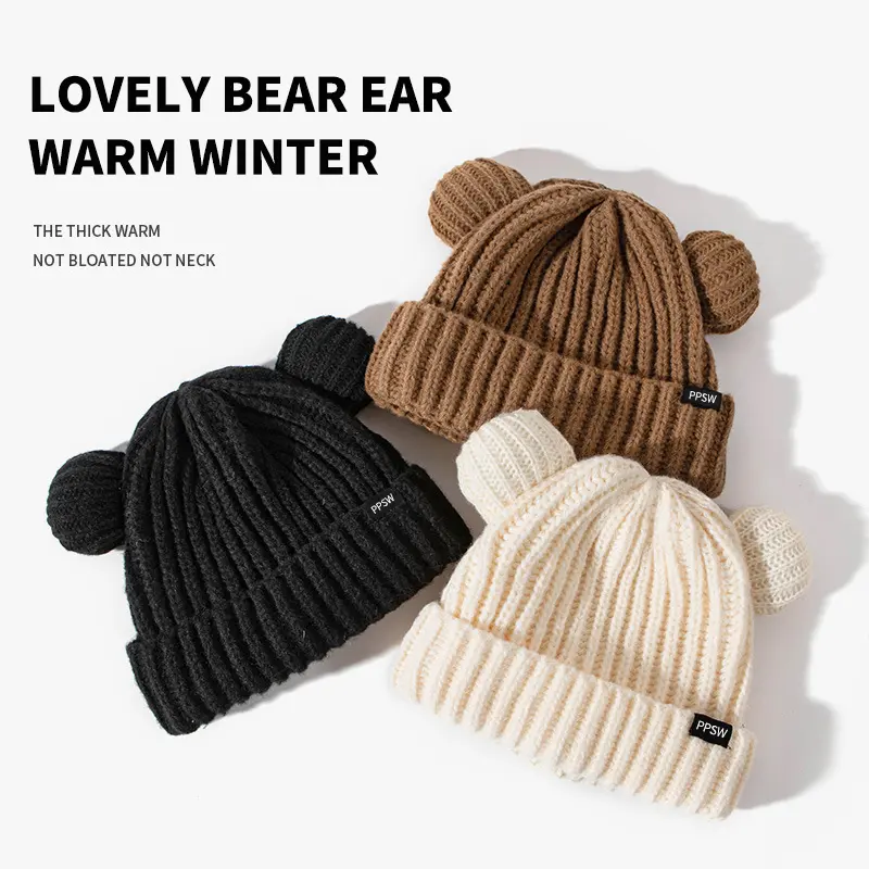 2023 Women Solid Color Knitted Cute Bear Ears Wool Hat Adult Soft Plush Thicken Outdoor Ear Protection for Warmth Hat Female Hat