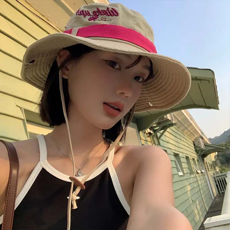 Cowboy Hat Mountaineering Hat Women's Summer Korean Version, Large Brim, Sun Shading, Camping, Drawstring Fisherman Hat