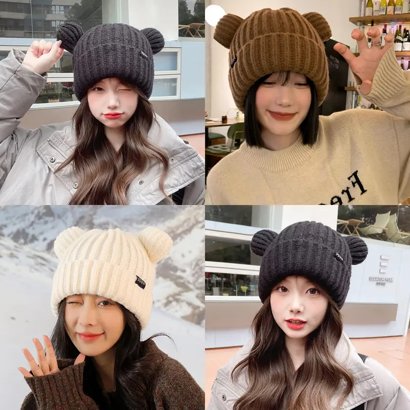 2023 Women Solid Color Knitted Cute Bear Ears Wool Hat Adult Soft Plush Thicken Outdoor Ear Protection for Warmth Hat Female Hat