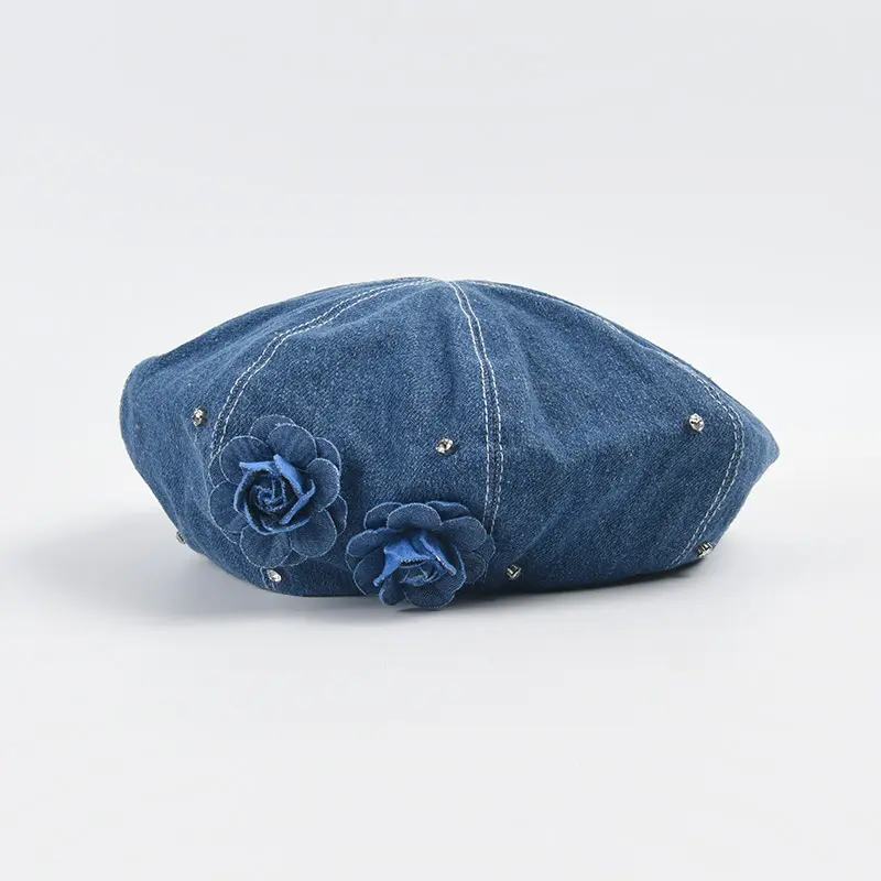 Korean Version of Rhinestone Denim Beret Ins Women's Fashion Versatile Simple Flower Painter Hat Niche Design Boina Casquette