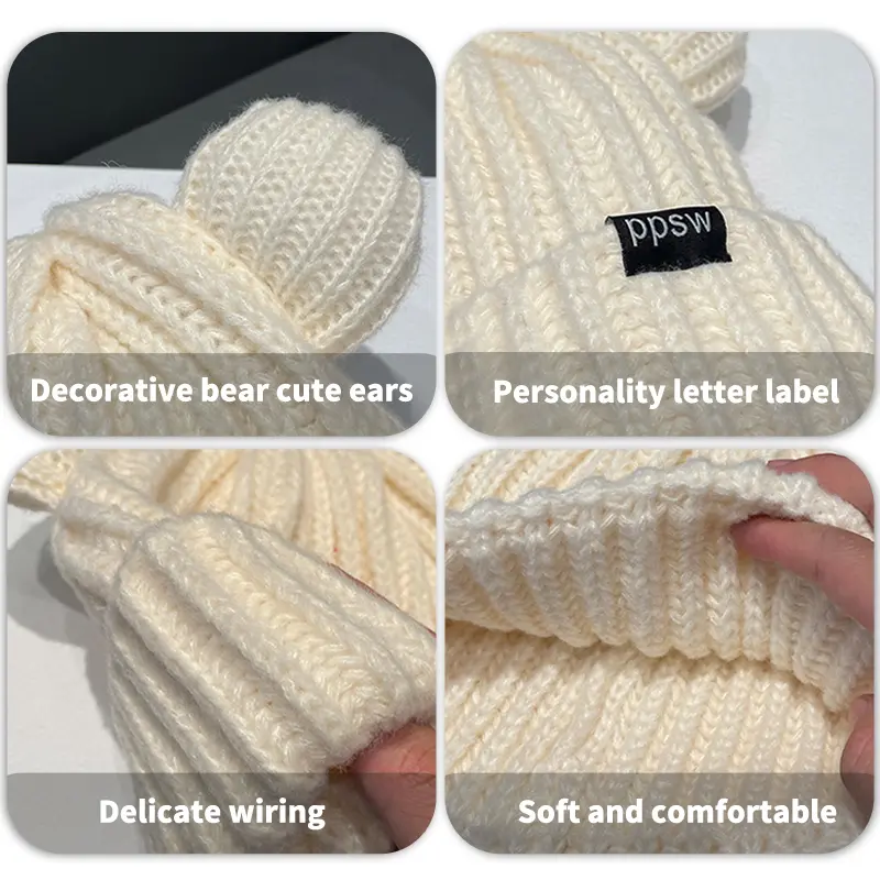 2023 Women Solid Color Knitted Cute Bear Ears Wool Hat Adult Soft Plush Thicken Outdoor Ear Protection for Warmth Hat Female Hat