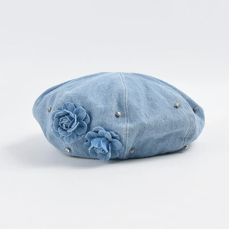 Korean Version of Rhinestone Denim Beret Ins Women's Fashion Versatile Simple Flower Painter Hat Niche Design Boina Casquette