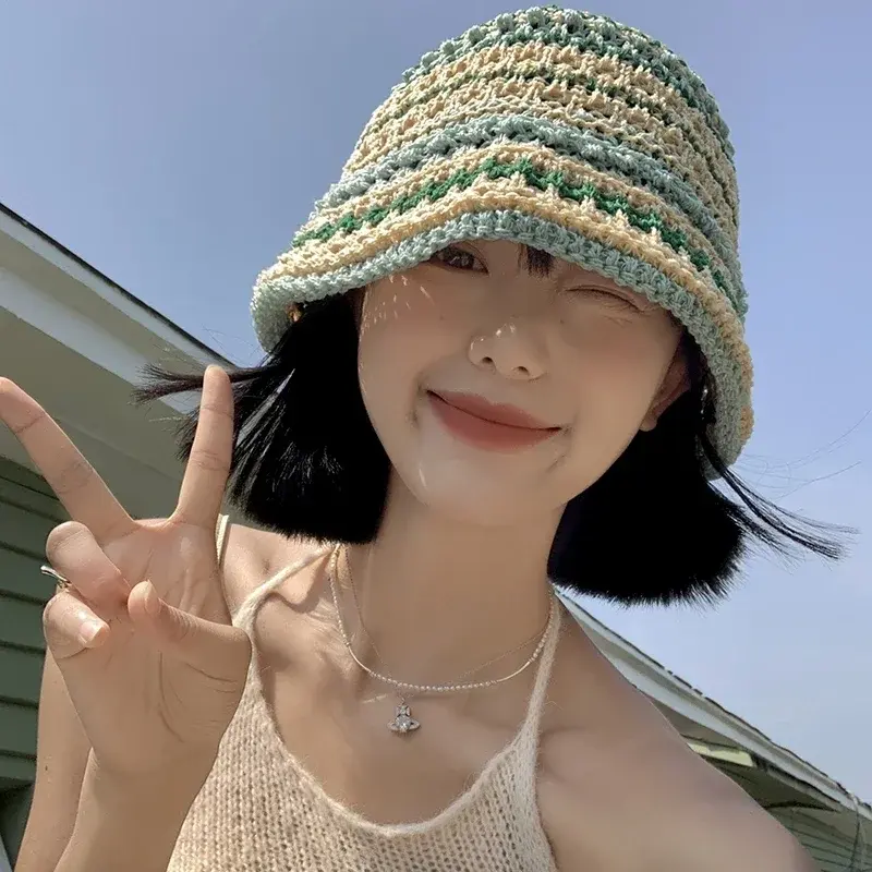 Color Woven Bucket Hats for Women Summer Japanese Show Face Small Versatile Vacation Sunshade Sun Protection Beach Sun Caps