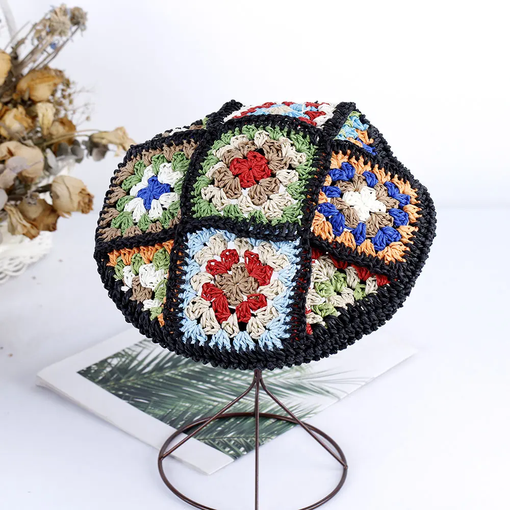 Fashionable Hook Flower Beret, Women's Straw Woven Breathable Straw Hat, Flower Pattern, Sun Hat Design, Handmade Straw Hat