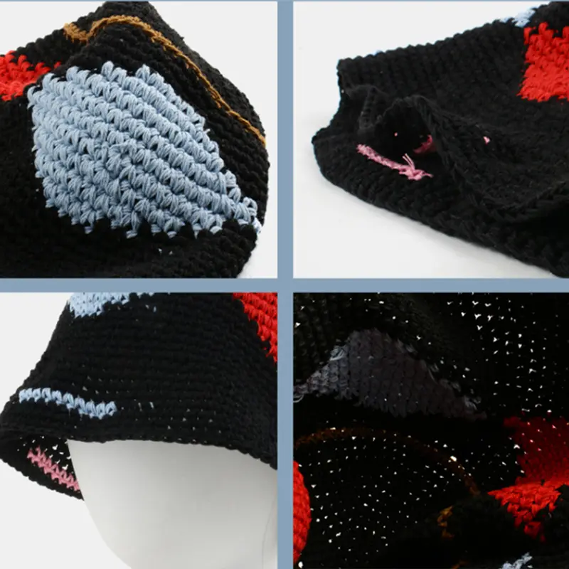 Knitted Mix-color Bucket Hats For Women Spring Summer Travel Sunshade Hat Female Crochet Fishermen Cap Outdoor Basin Cap Gorros