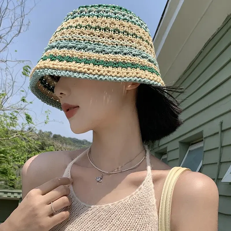 Color Woven Bucket Hats for Women Summer Japanese Show Face Small Versatile Vacation Sunshade Sun Protection Beach Sun Caps