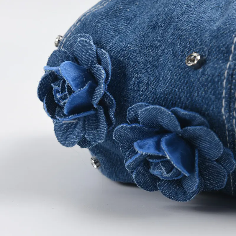 Korean Version of Rhinestone Denim Beret Ins Women's Fashion Versatile Simple Flower Painter Hat Niche Design Boina Casquette
