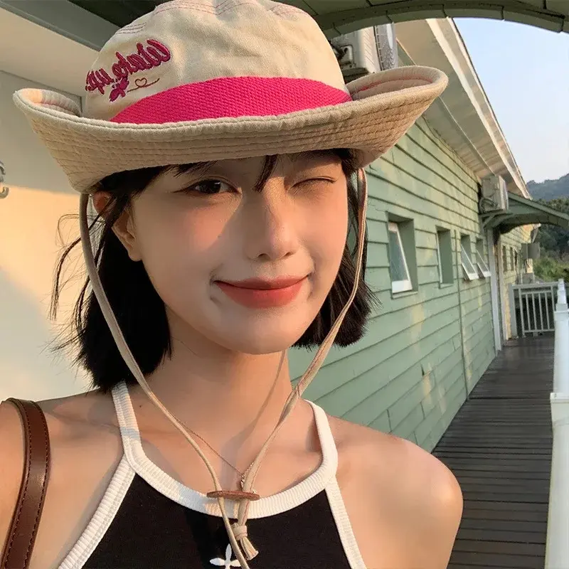 Cowboy Hat Mountaineering Hat Women's Summer Korean Version, Large Brim, Sun Shading, Camping, Drawstring Fisherman Hat
