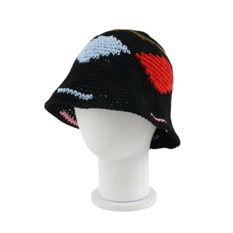 Knitted Mix-color Bucket Hats For Women Spring Summer Travel Sunshade Hat Female Crochet Fishermen Cap Outdoor Basin Cap Gorros
