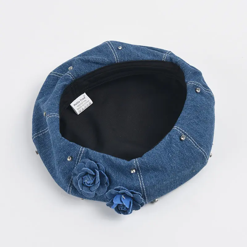Korean Version of Rhinestone Denim Beret Ins Women's Fashion Versatile Simple Flower Painter Hat Niche Design Boina Casquette