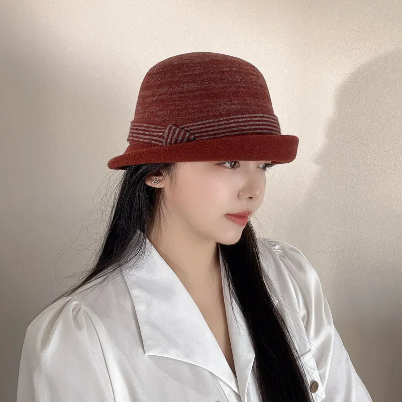 Autumn and Winter Japanese Curled Knitted 100% Wool Yarn Contrast Striped Women's Retro Casual Warm Bowl Hat Fisherman Hat