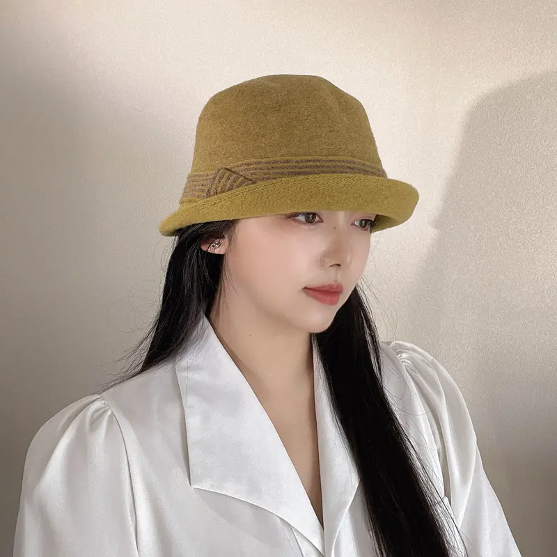 Autumn and Winter Japanese Curled Knitted 100% Wool Yarn Contrast Striped Women's Retro Casual Warm Bowl Hat Fisherman Hat