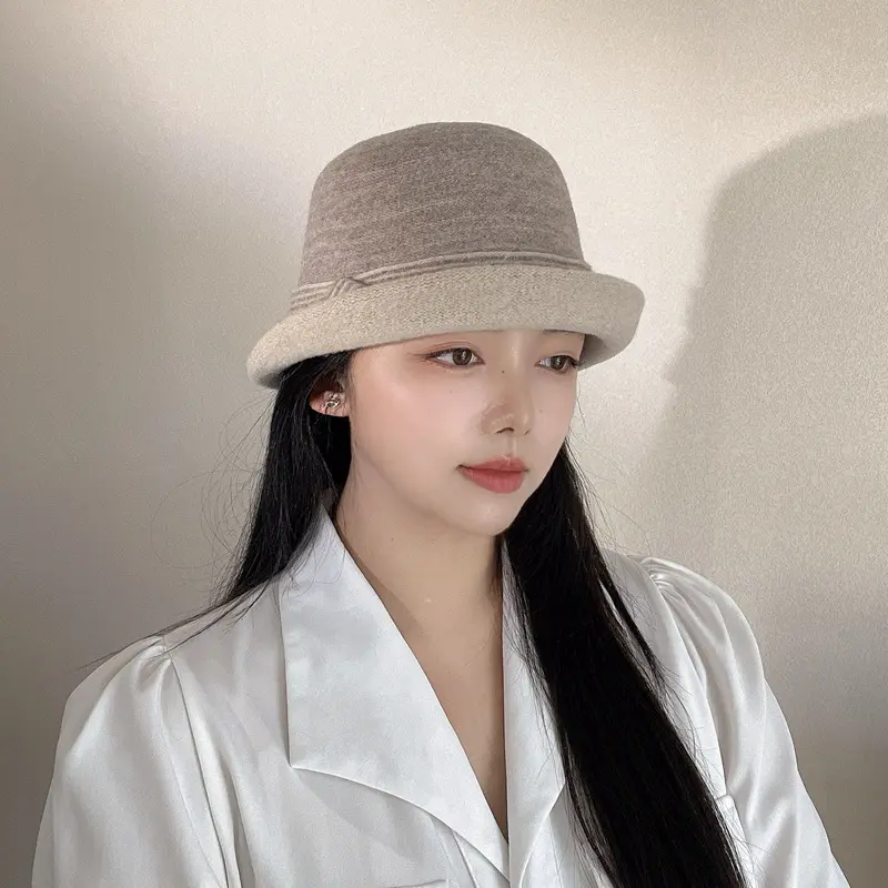 Autumn and Winter Japanese Curled Knitted 100% Wool Yarn Contrast Striped Women's Retro Casual Warm Bowl Hat Fisherman Hat