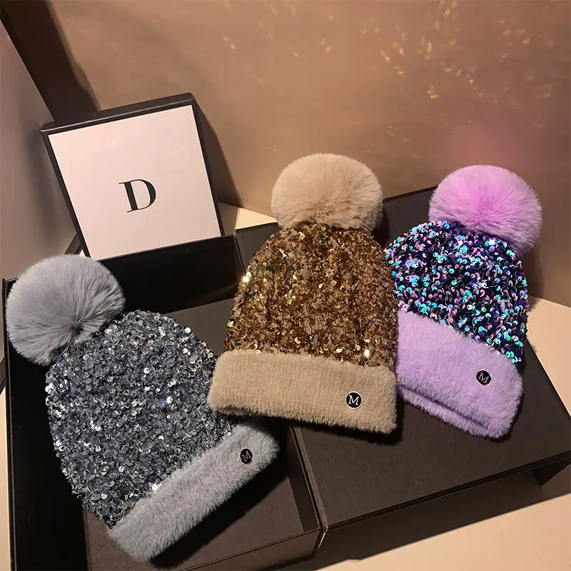 Winter Warm Knitted Hat Autumn/Winter Korean Versatile Glitter Sweet and Cute Dome Ear Protector Knitted Hat