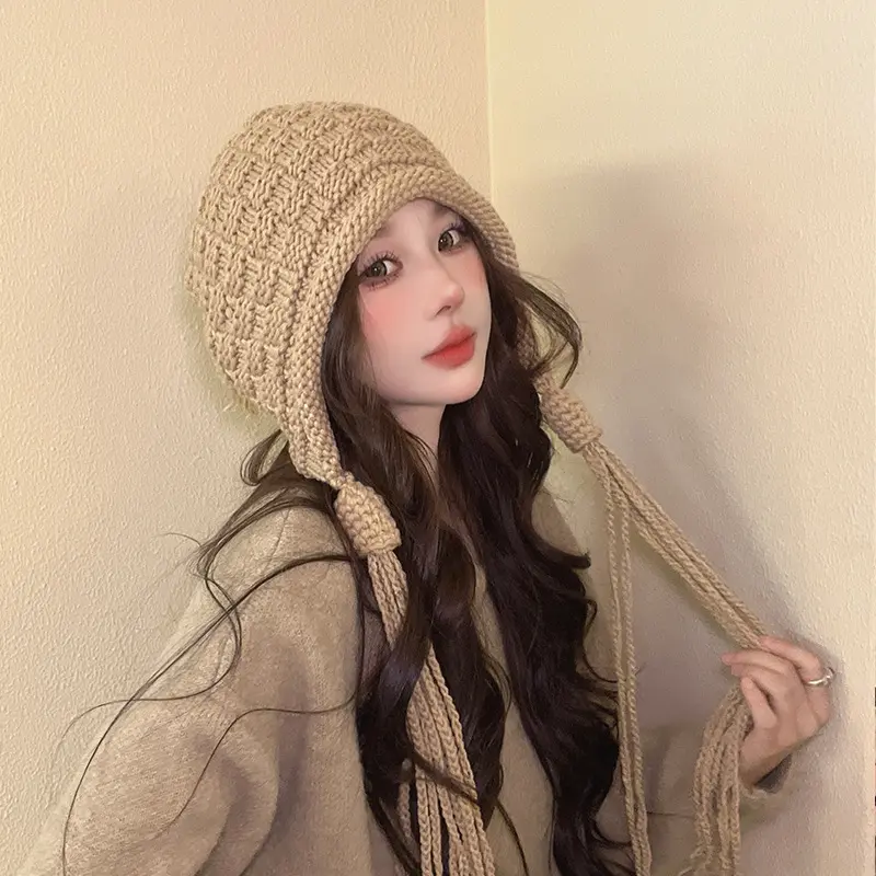 Autumn and Winter Warmth Caps, Woolen Tassels, Cute Pullover Caps, Handmade Knitted Ear Protection Caps