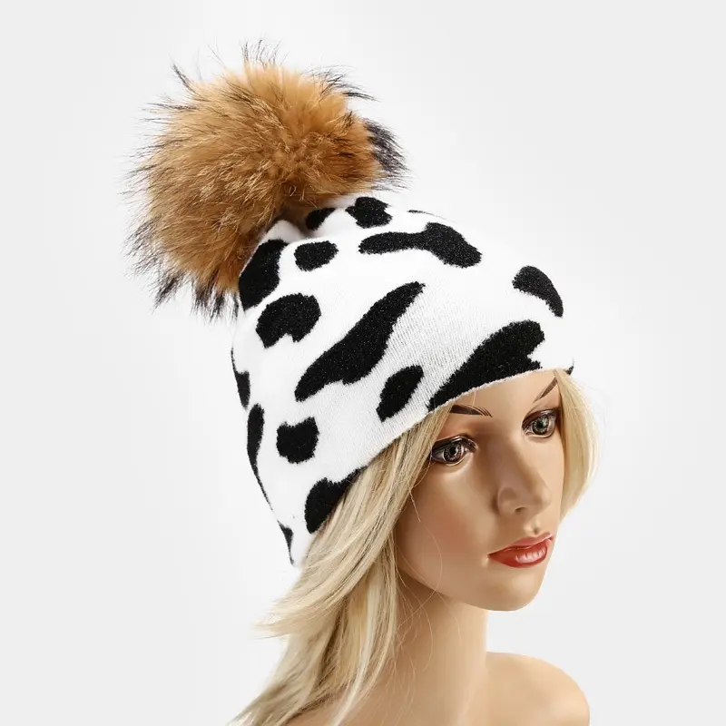 2022 New Fashion Leopard Zebra Plaid Cow Print Wool Knitted Beanies Winter Real Raccoon Fur Pompom Hat For Women