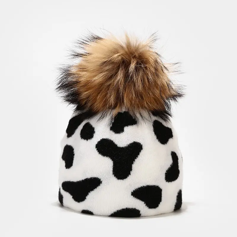 2022 New Fashion Leopard Zebra Plaid Cow Print Wool Knitted Beanies Winter Real Raccoon Fur Pompom Hat For Women
