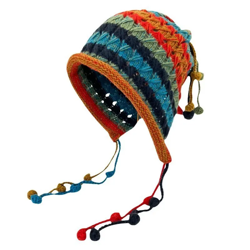 Korean Fashion Designer's Handmade Crochet Colored Ball Wool Hat For Children's Autumn And Winter Lace Up Tassel Pullover Hat