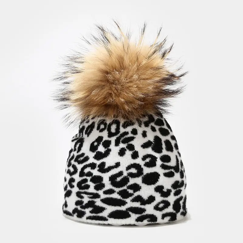 2022 New Fashion Leopard Zebra Plaid Cow Print Wool Knitted Beanies Winter Real Raccoon Fur Pompom Hat For Women