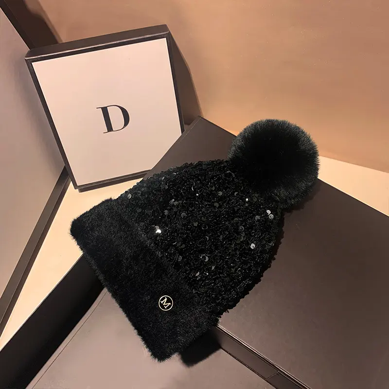Winter Warm Knitted Hat Autumn/Winter Korean Versatile Glitter Sweet and Cute Dome Ear Protector Knitted Hat