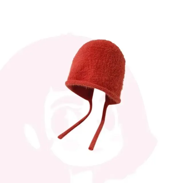 Cute woolen hat, pile up hat, female ear protection, one piece hat, tie up, warm mesh, red wrap head hat, trendy