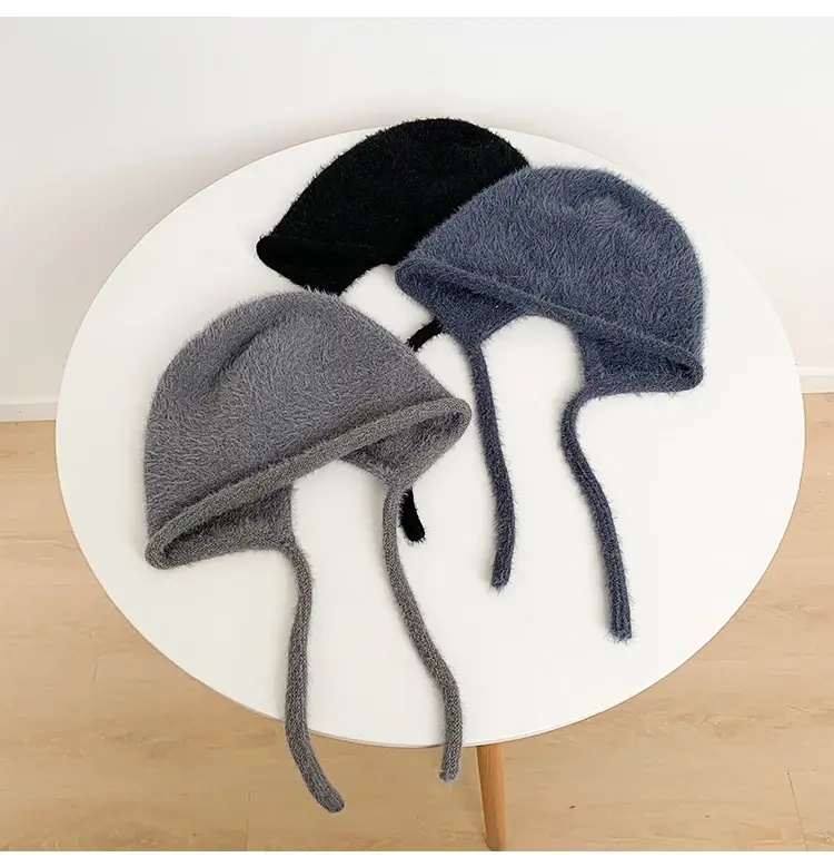 Cute woolen hat, pile up hat, female ear protection, one piece hat, tie up, warm mesh, red wrap head hat, trendy